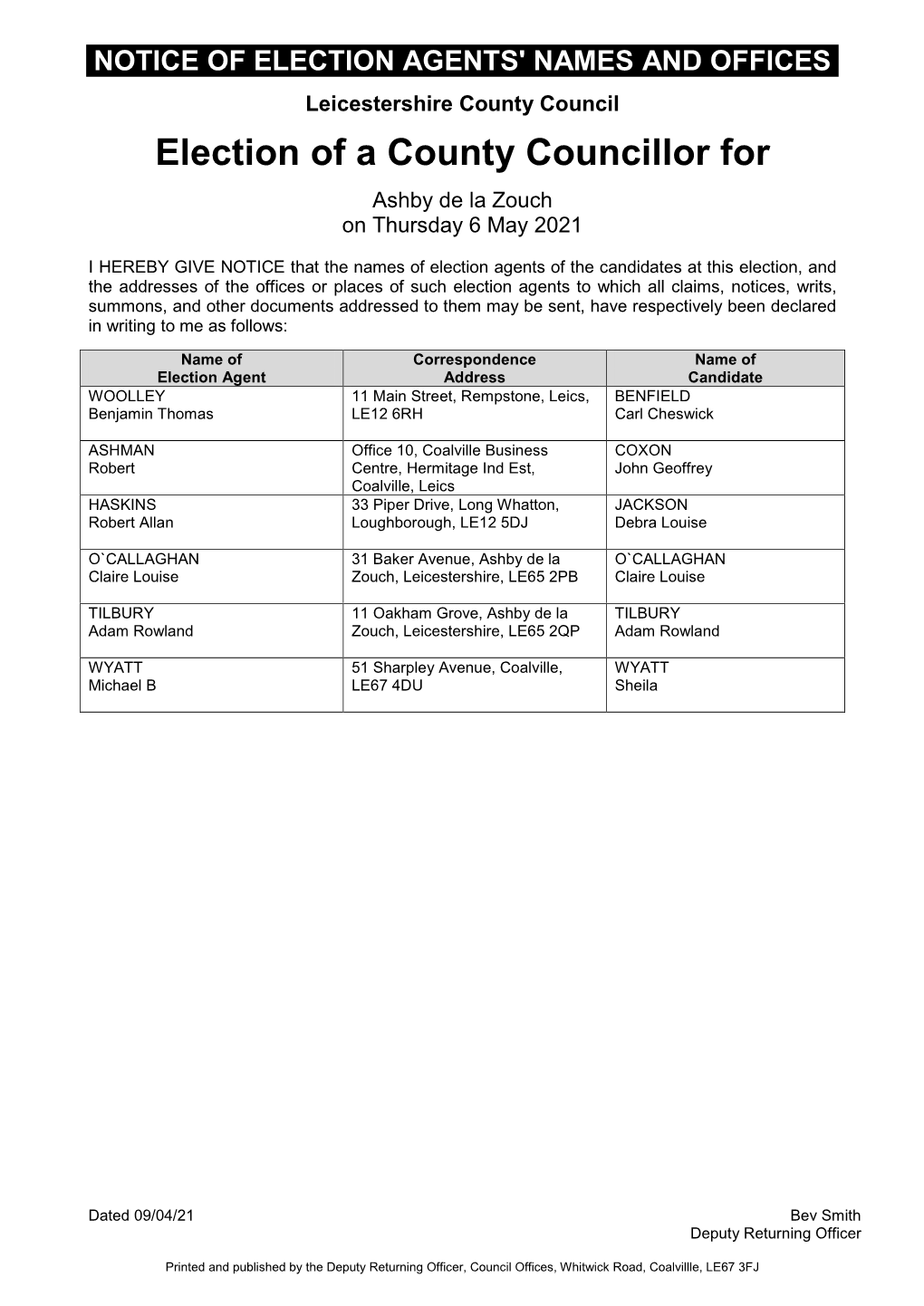 Election Agents for North West Leicestershire District