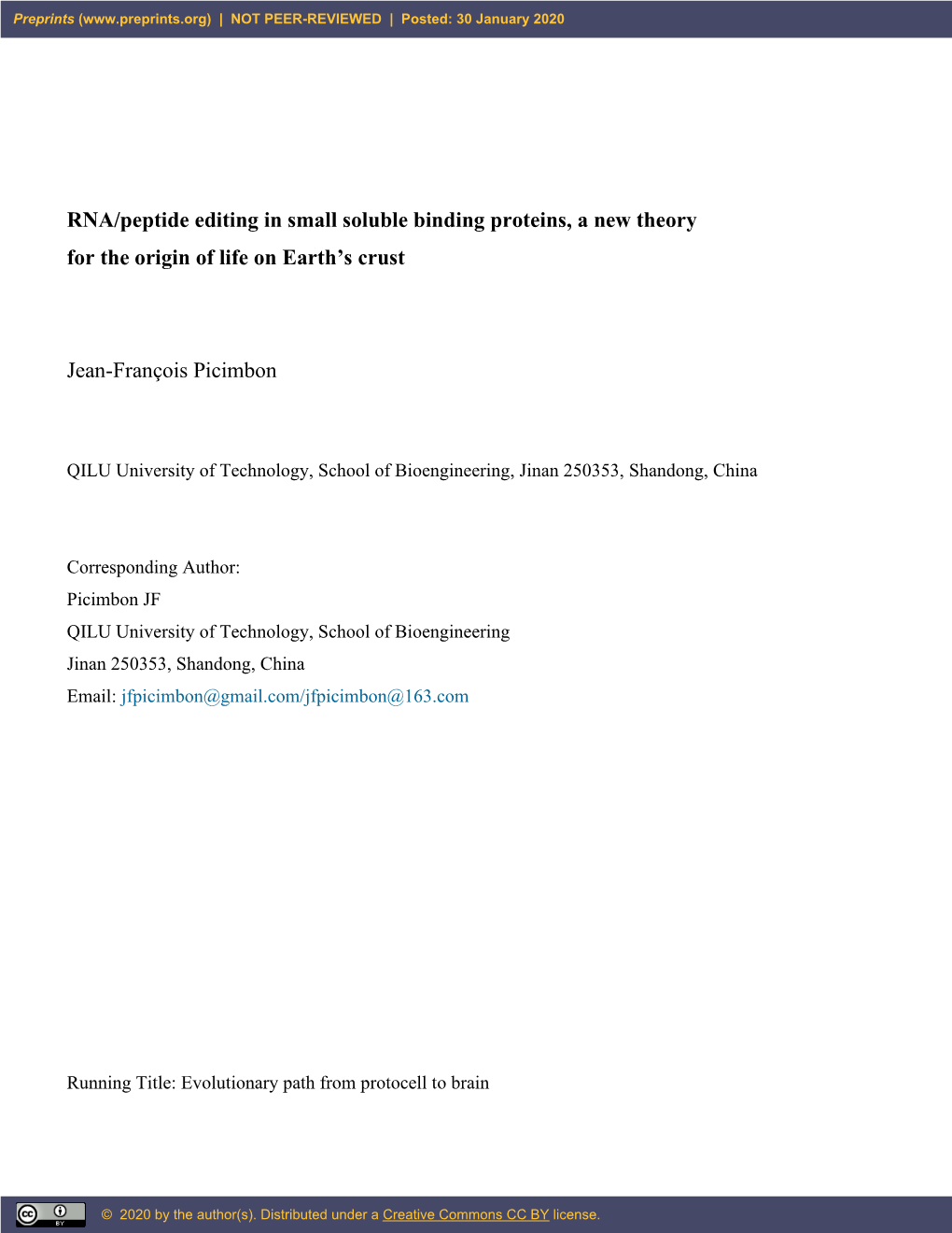 RNA/Peptide Editing in Small Soluble Binding Proteins, a New Theory for the Origin of Life on Earth’S Crust