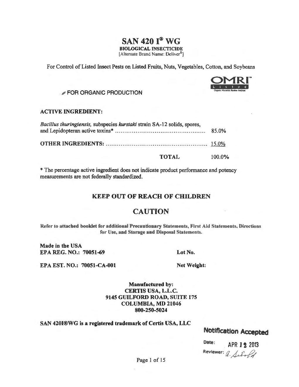 US EPA, Pesticide Product Label, SAN 420 I WG ,04/12/2013