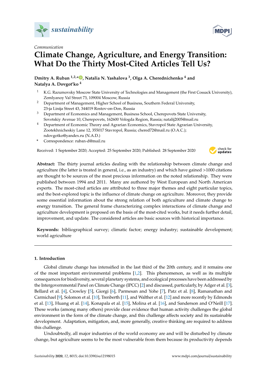 Climate Change, Agriculture, and Energy Transition: What Do the Thirty Most-Cited Articles Tell Us?