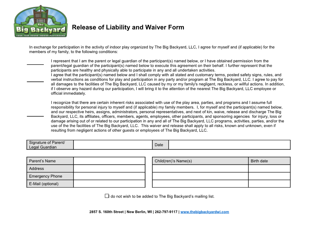 Release Of Liability And Waiver Form