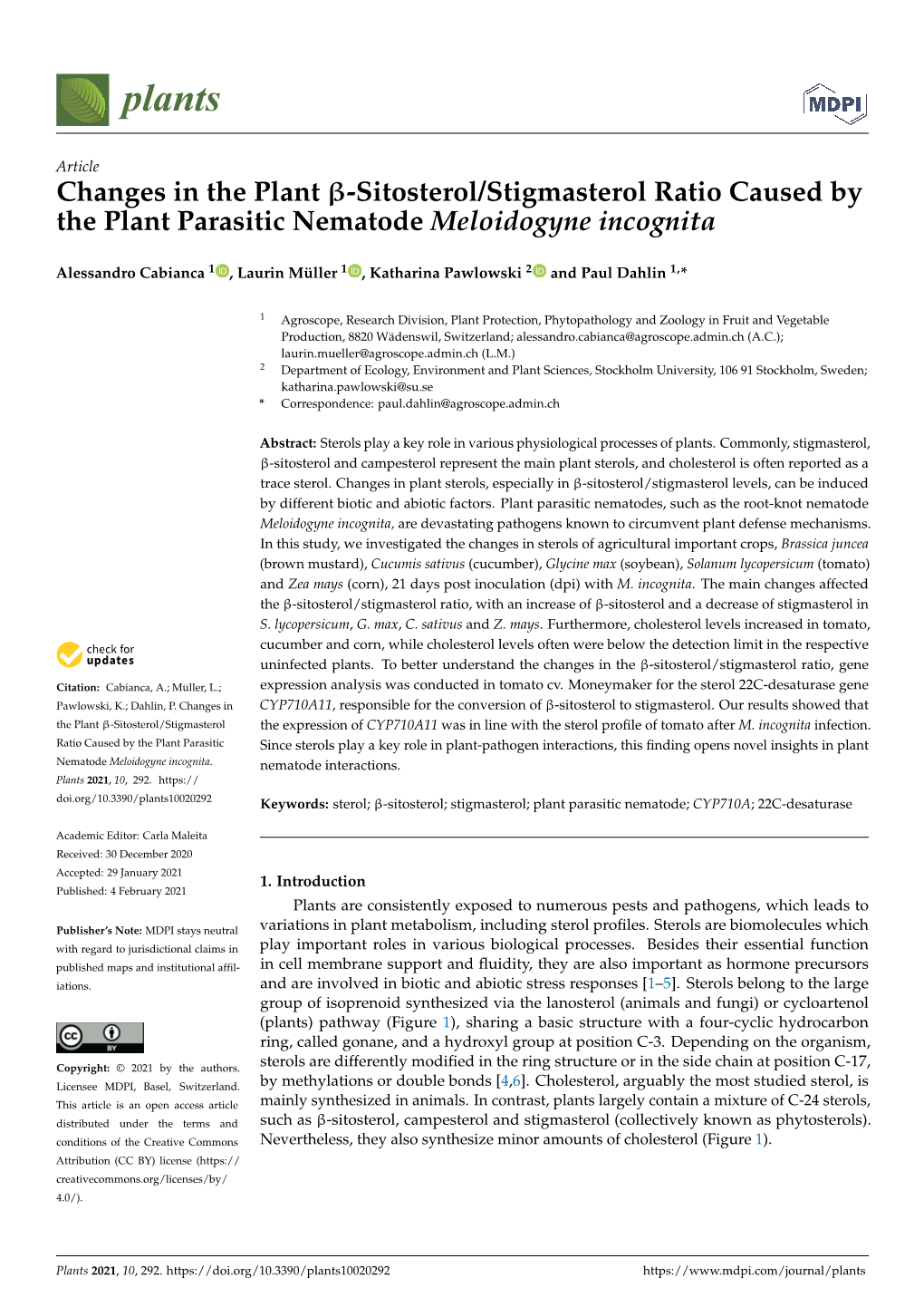 Sitosterol/Stigmasterol Ratio Caused by the Plant Parasitic Nematode Meloidogyne Incognita