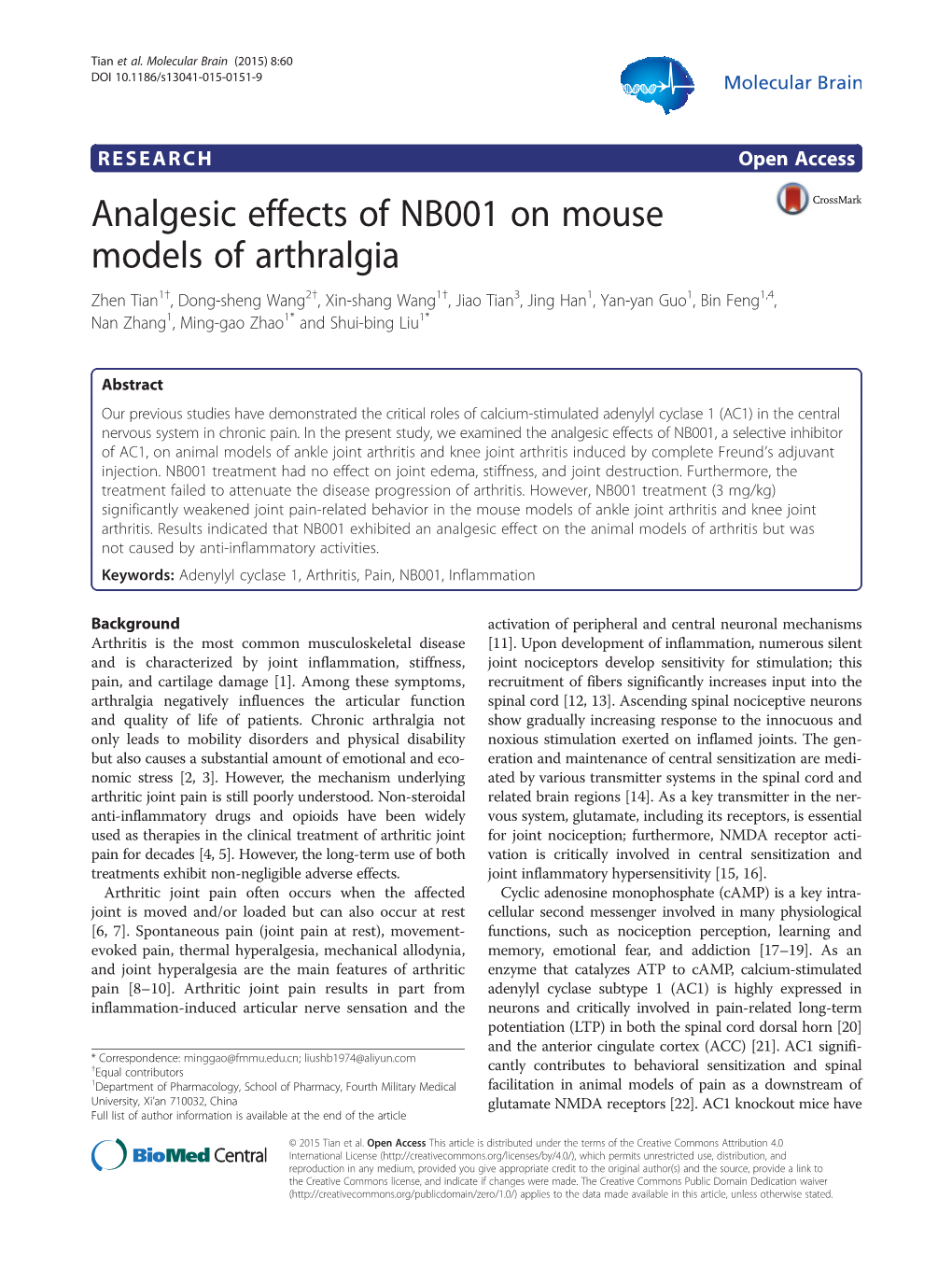 Analgesic Effects of NB001 on Mouse Models of Arthralgia