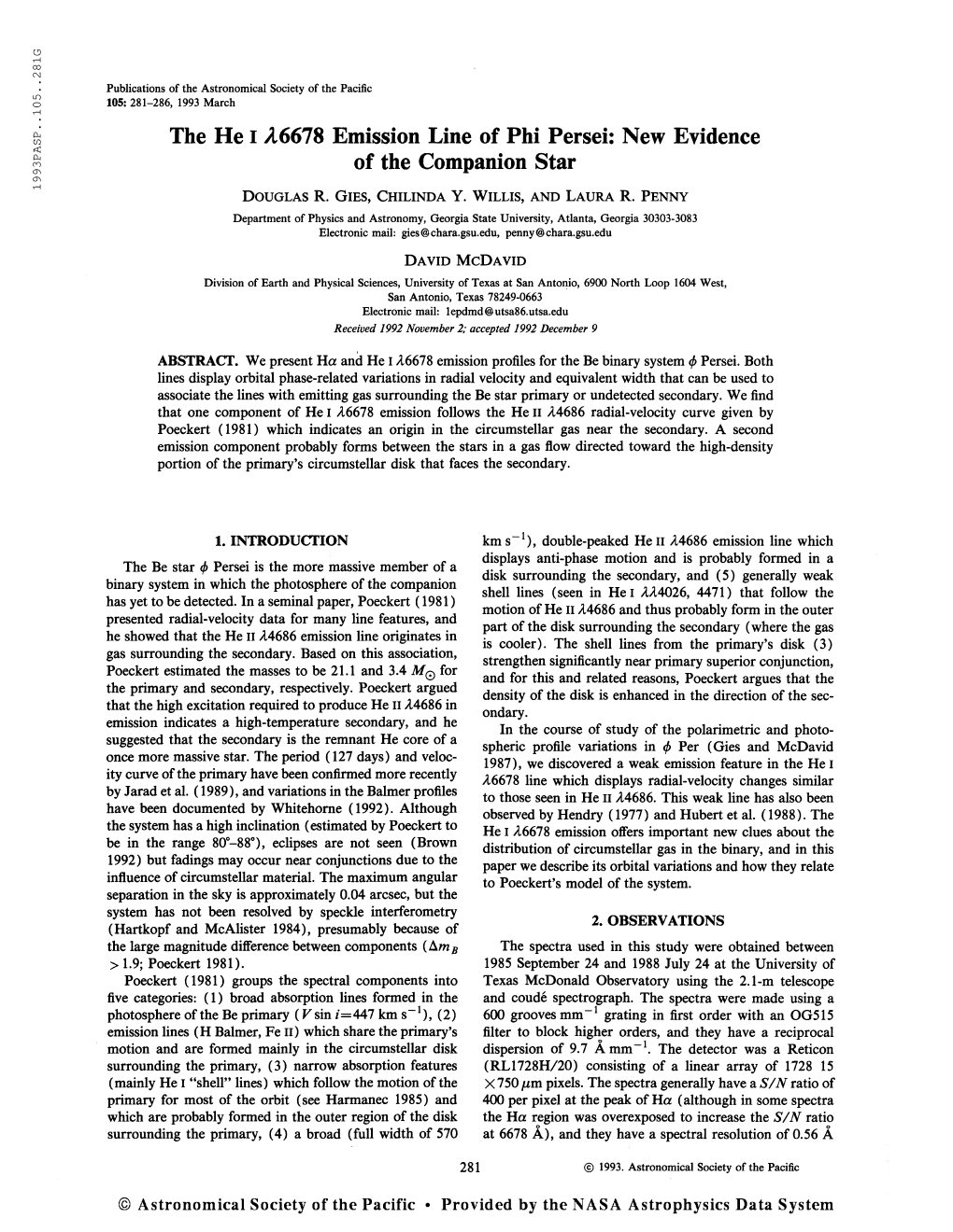 Publications of the Astronomical Society of the Pacific 105: 281-286, 1993 March