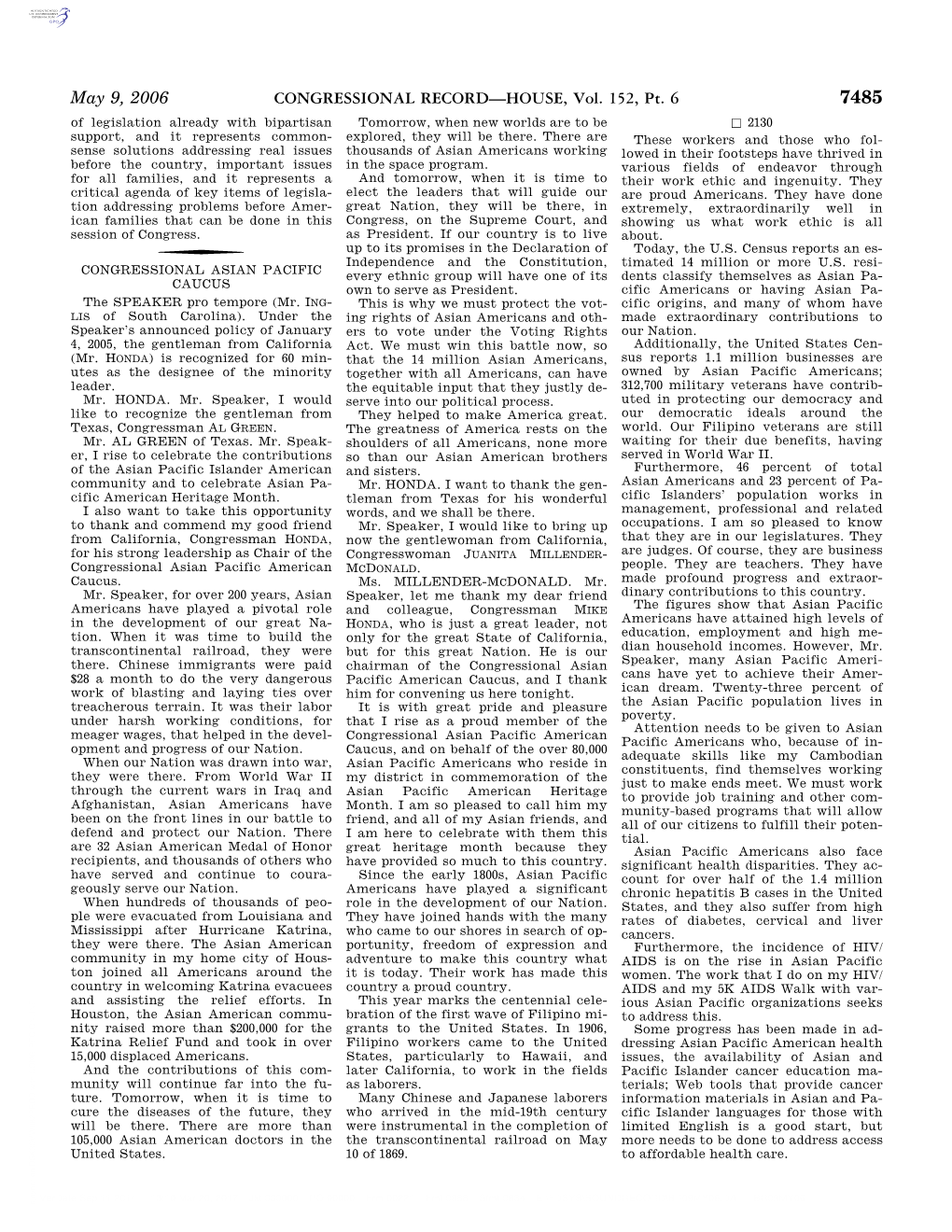 CONGRESSIONAL RECORD—HOUSE, Vol. 152, Pt. 6 May 9, 2006