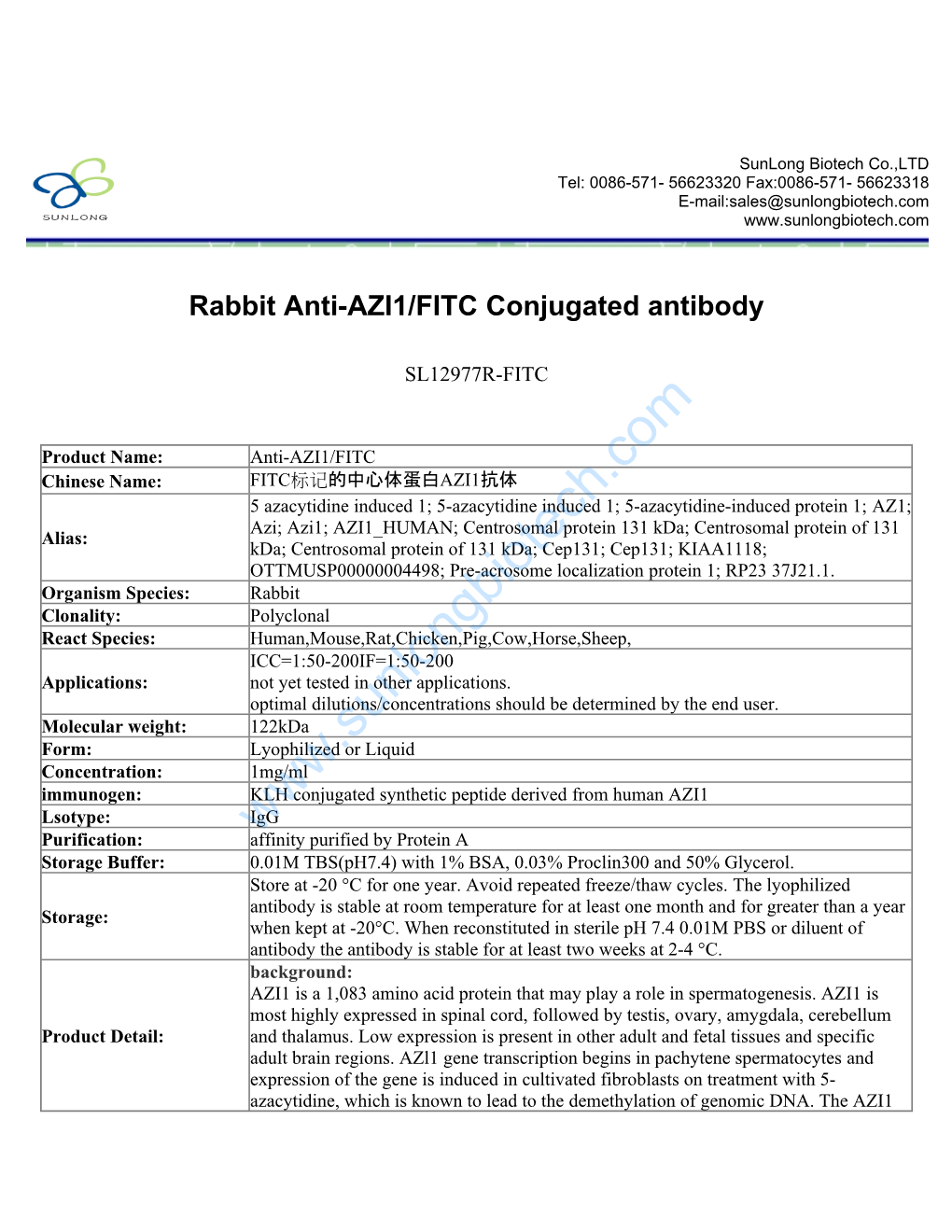 Rabbit Anti-AZI1/FITC Conjugated Antibody-SL12977R-FITC