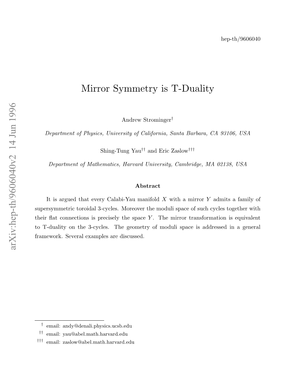 Mirror Symmetry Is T-Duality