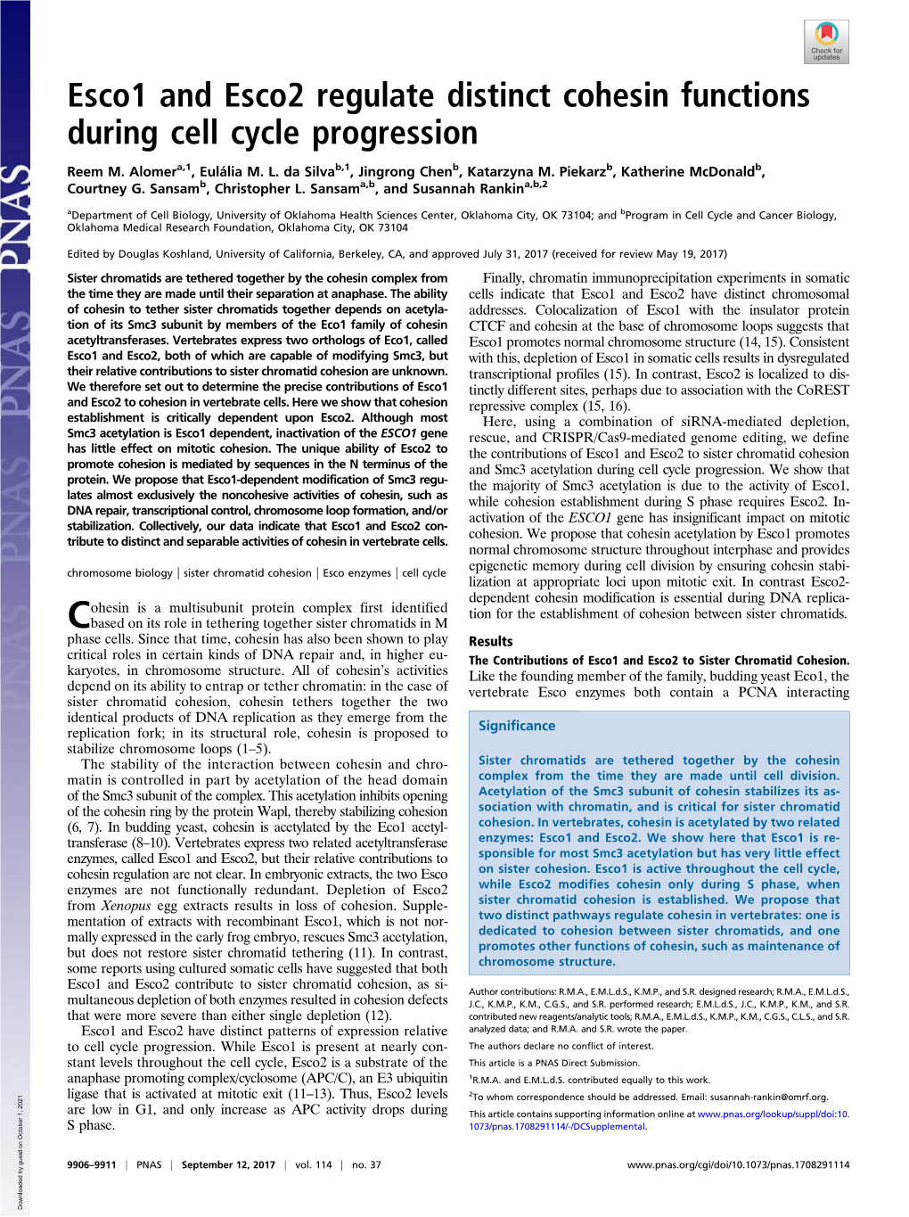 Esco1 and Esco2 Regulate Distinct Cohesin Functions During Cell Cycle Progression