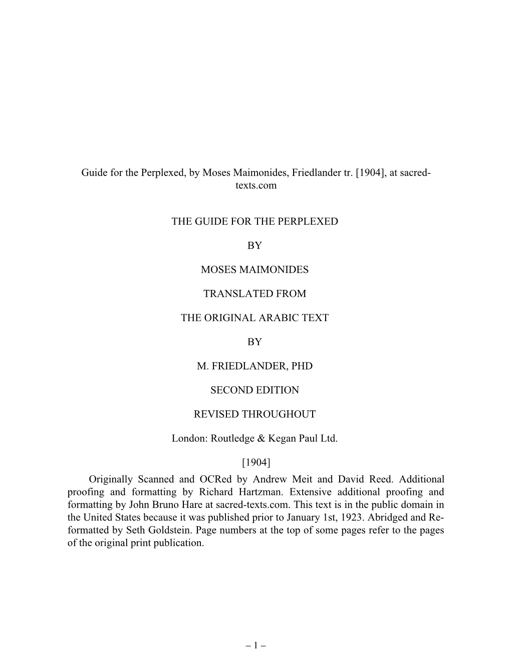 Guide for the Perplexed, by Moses Maimonides, Friedlander Tr. [1904], at Sacred­ Texts.Com