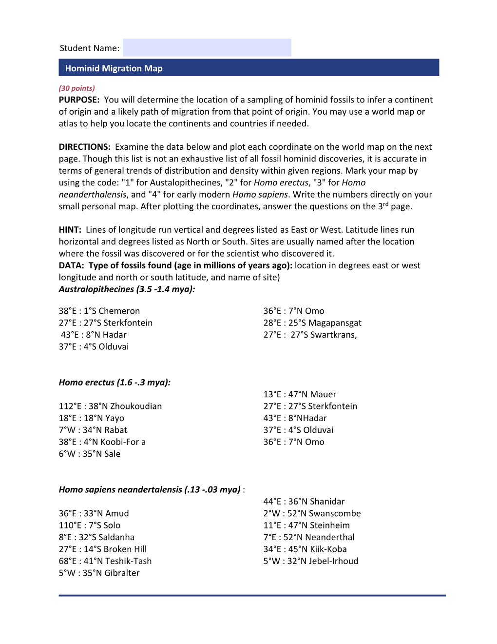 Student Name: Hominid Migration Map PURPOSE
