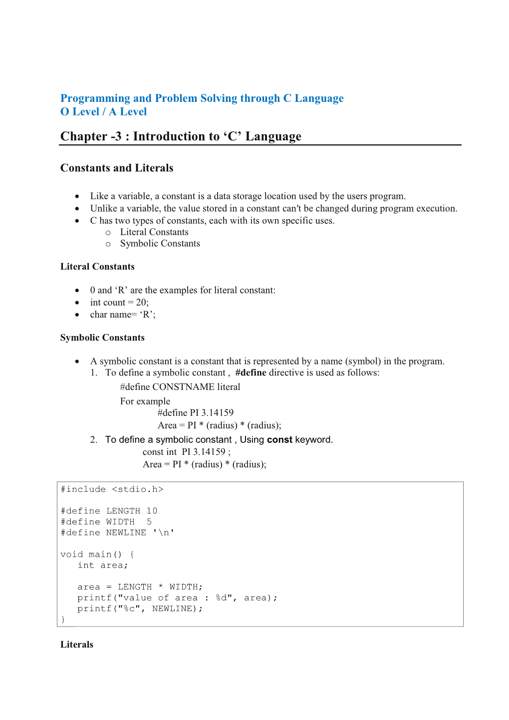 C Language O Level / a Level