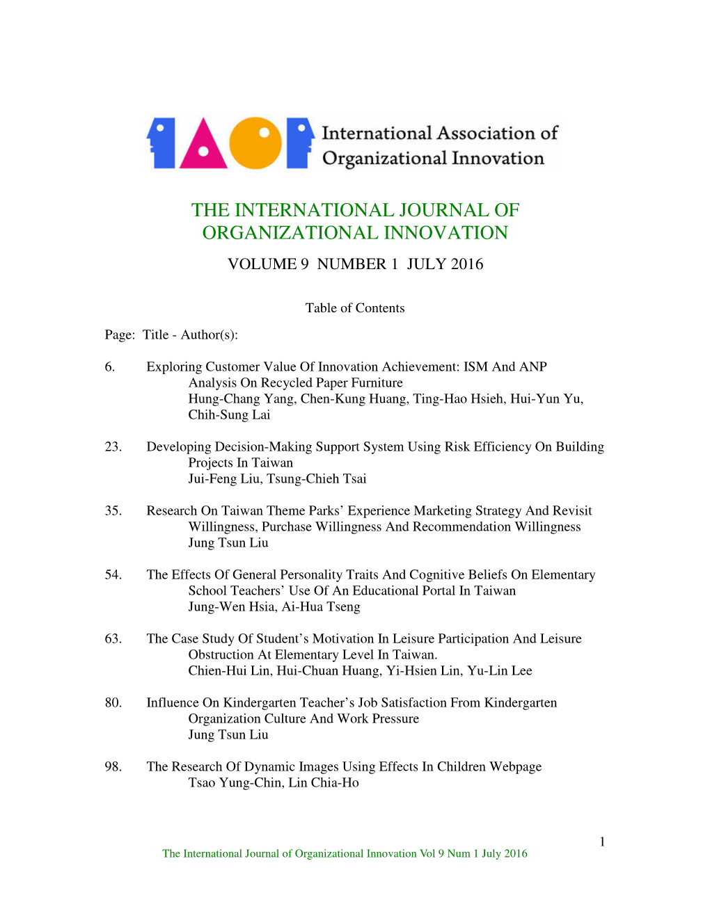 The International Journal of Organizational Innovation