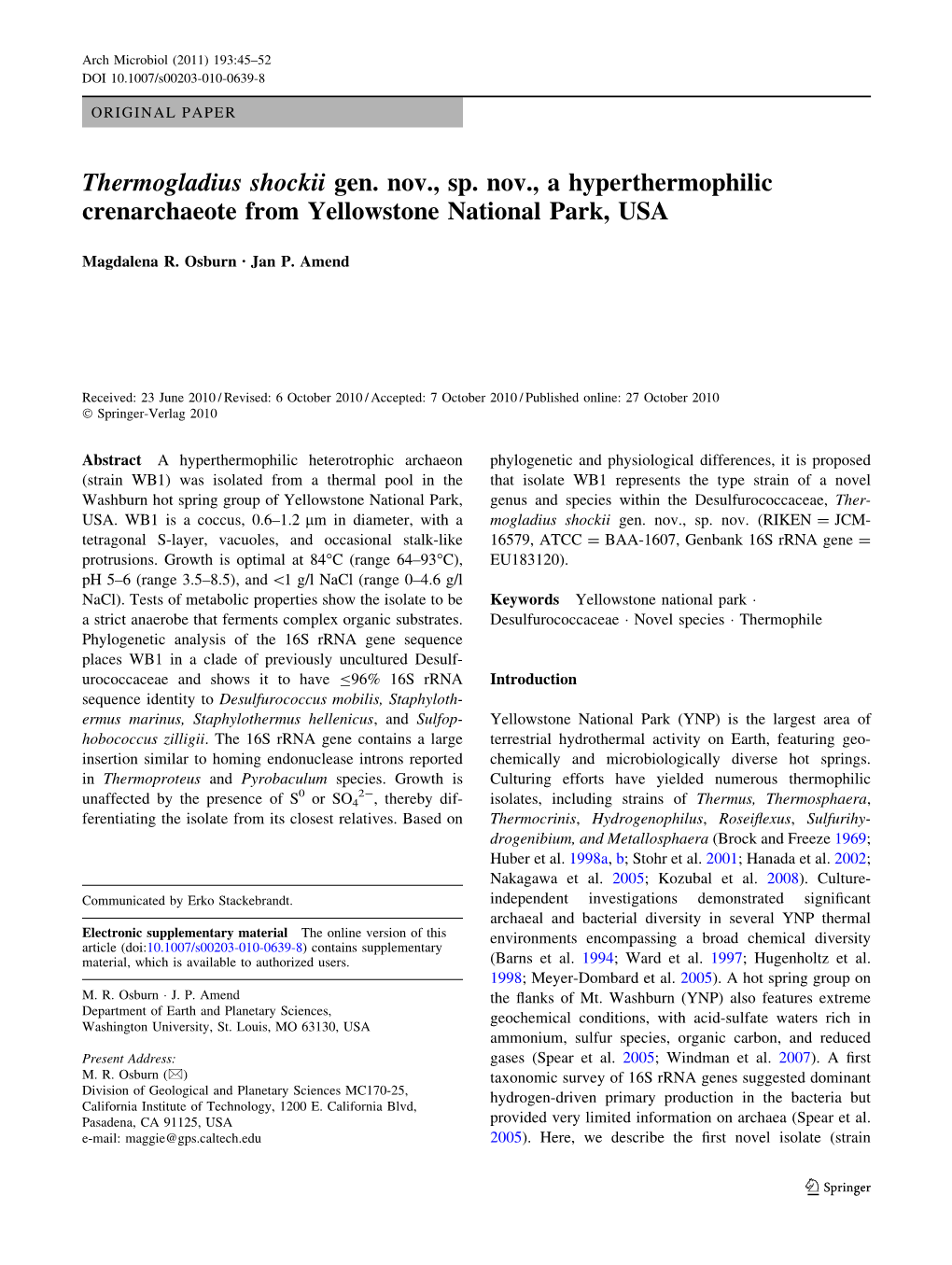 Thermogladius Shockii Gen. Nov., Sp. Nov., a Hyperthermophilic Crenarchaeote from Yellowstone National Park, USA