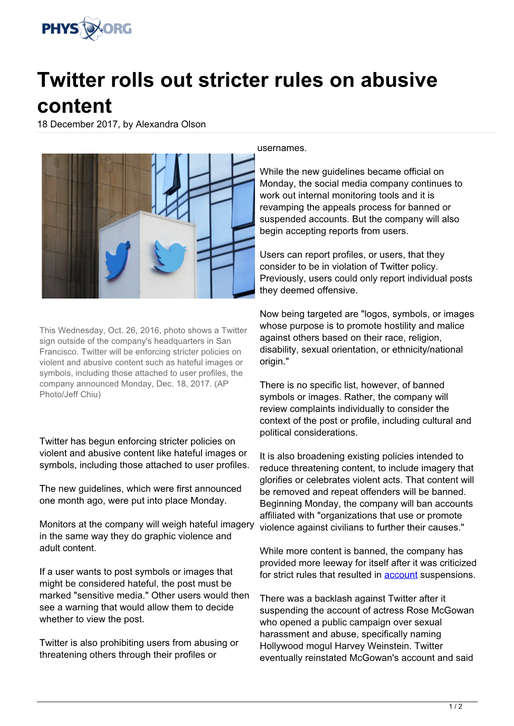 Twitter Rolls out Stricter Rules on Abusive Content 18 December 2017, by Alexandra Olson
