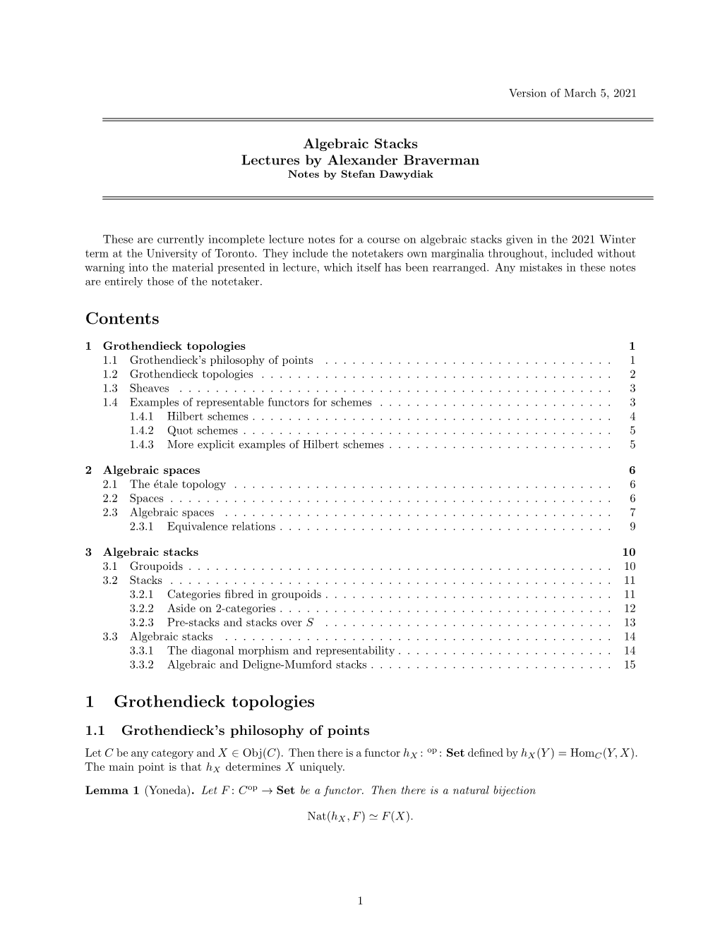 Contents 1 Grothendieck Topologies