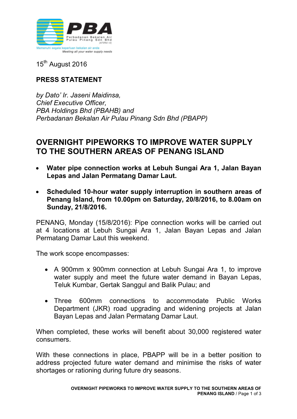 Overnight Pipeworks to Improve Water Supply to the Southern Areas of Penang Island
