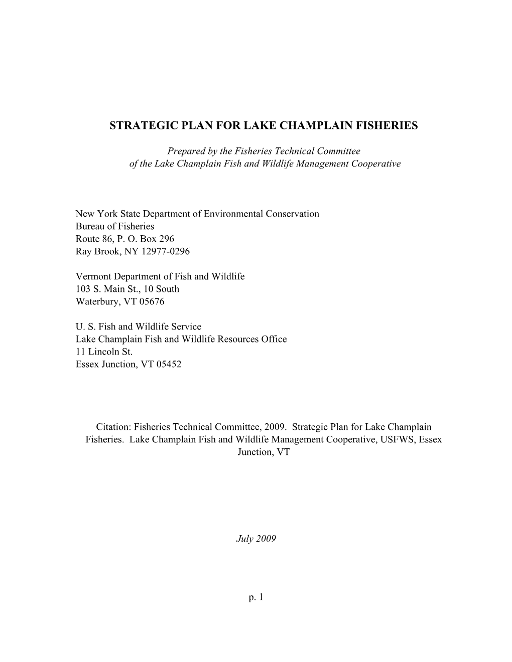 Strategic Plan for Lake Champlain Fisheries