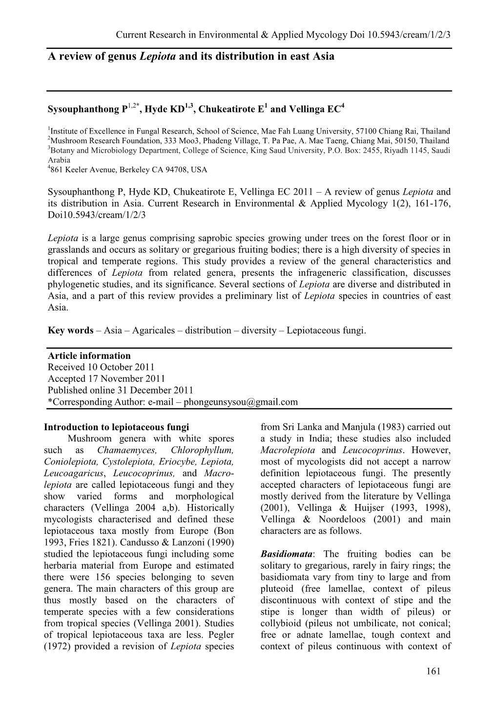 A Review of Genus Lepiota and Its Distribution in East Asia