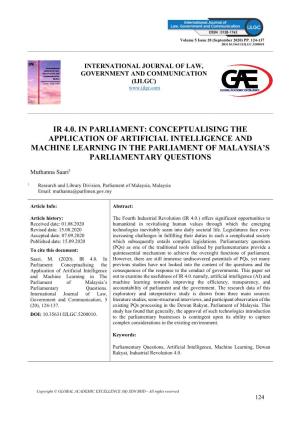Ir 4.0. in Parliament: Conceptualising the Application of Artificial Intelligence and Machine Learning in the Parliament of Malaysia’S Parliamentary Questions