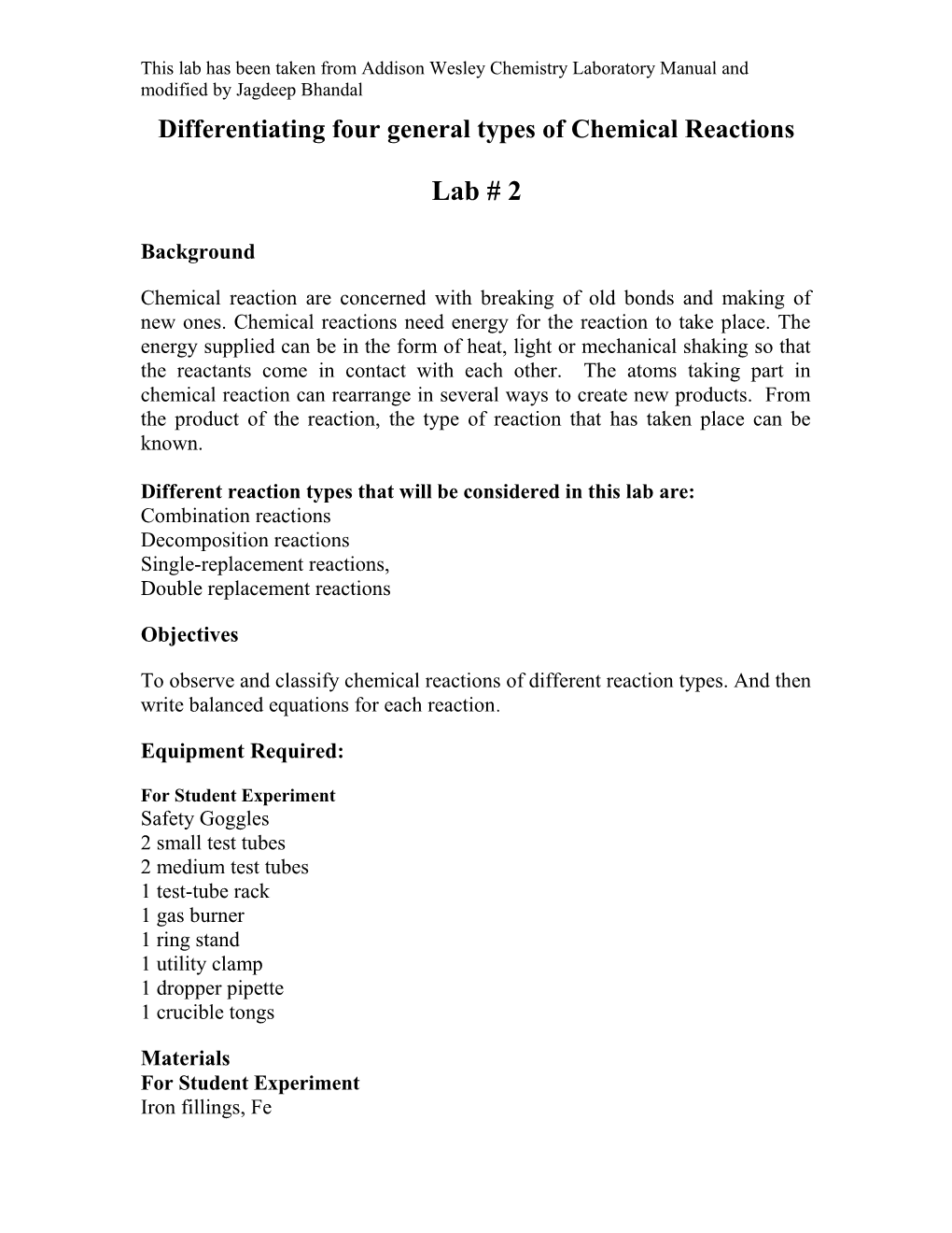 Differentiating Five General Types Of Chemical Reactions