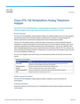 Cisco ATA 192 Multiplatform Analog Telephone Adapter Data Sheet