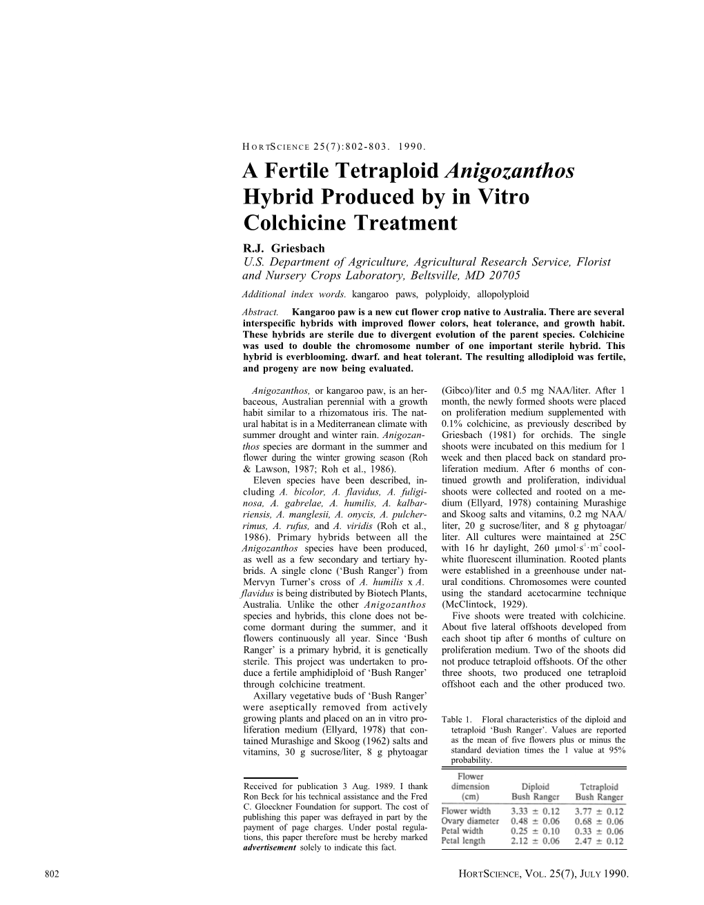 A Fertile Tetraploid Anigozanthos Hybrid Produced by in Vitro Colchicine Treatment R.J