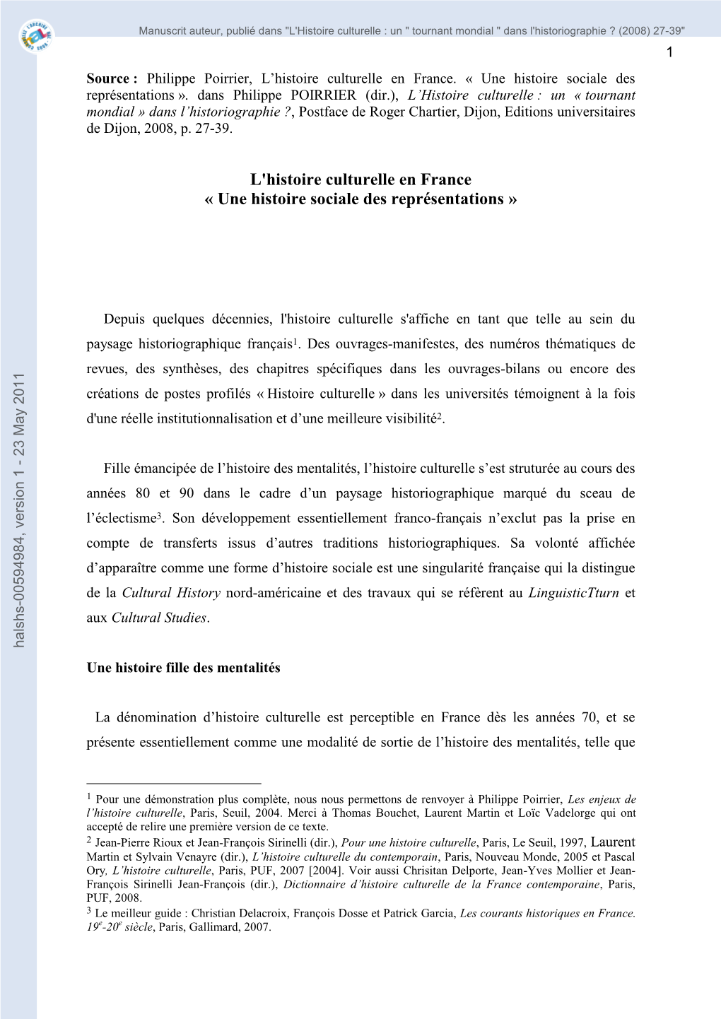 L'histoire Culturelle En France. Retour Sur Trois Itinéraires : Alain Corbin, Roger Chartier Et Jean-François Sirinelli », Cahiers D’Histoire