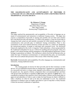 The Grammaticality and Acceptability of Proverbs in Language Use As a Means of Communication and Instruction in Traditional Anaang Society