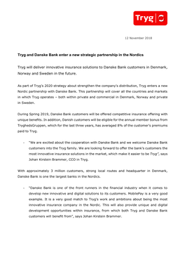Tryg and Danske Bank Enter a New Strategic Partnership in the Nordics