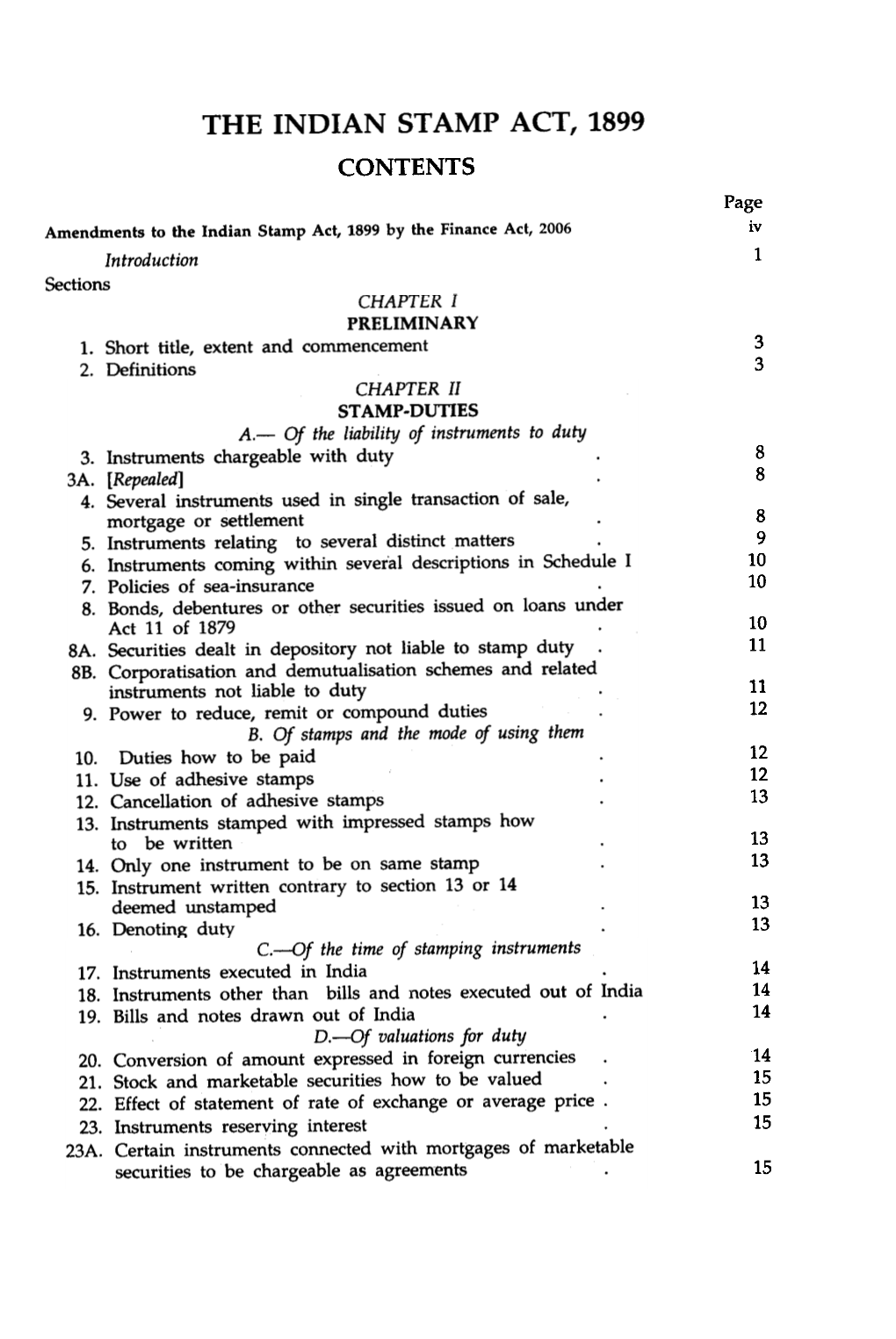 The Indian Stamp Act, 1899 Contents