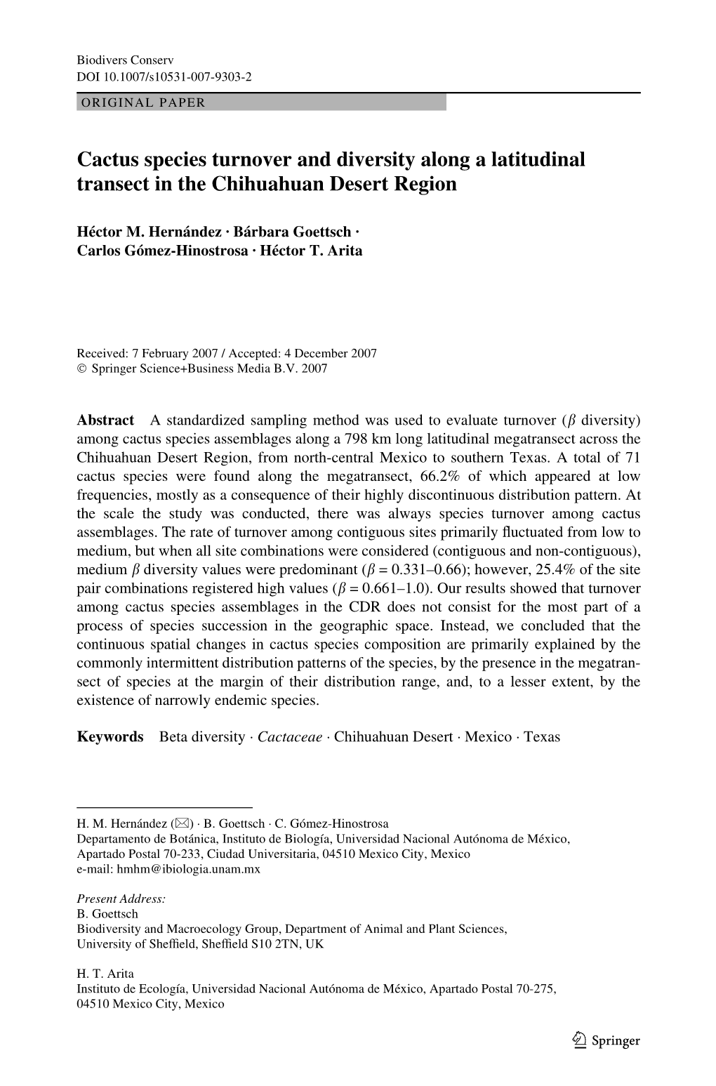 Cactus Species Turnover and Diversity Along a Latitudinal Transect in the Chihuahuan Desert Region