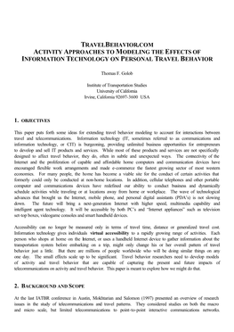 Travelbehavior.Com Activity Approaches to Modeling the Effects of Information Technology on Personal Travel Behavior