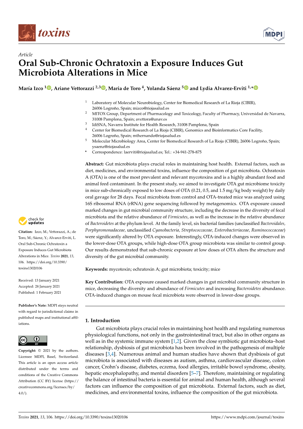 Oral Sub-Chronic Ochratoxin a Exposure Induces Gut Microbiota Alterations in Mice