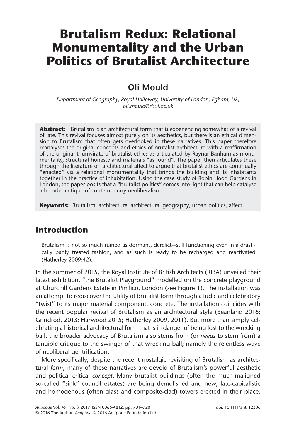 Brutalism Redux: Relational Monumentality and the Urban Politics of Brutalist Architecture