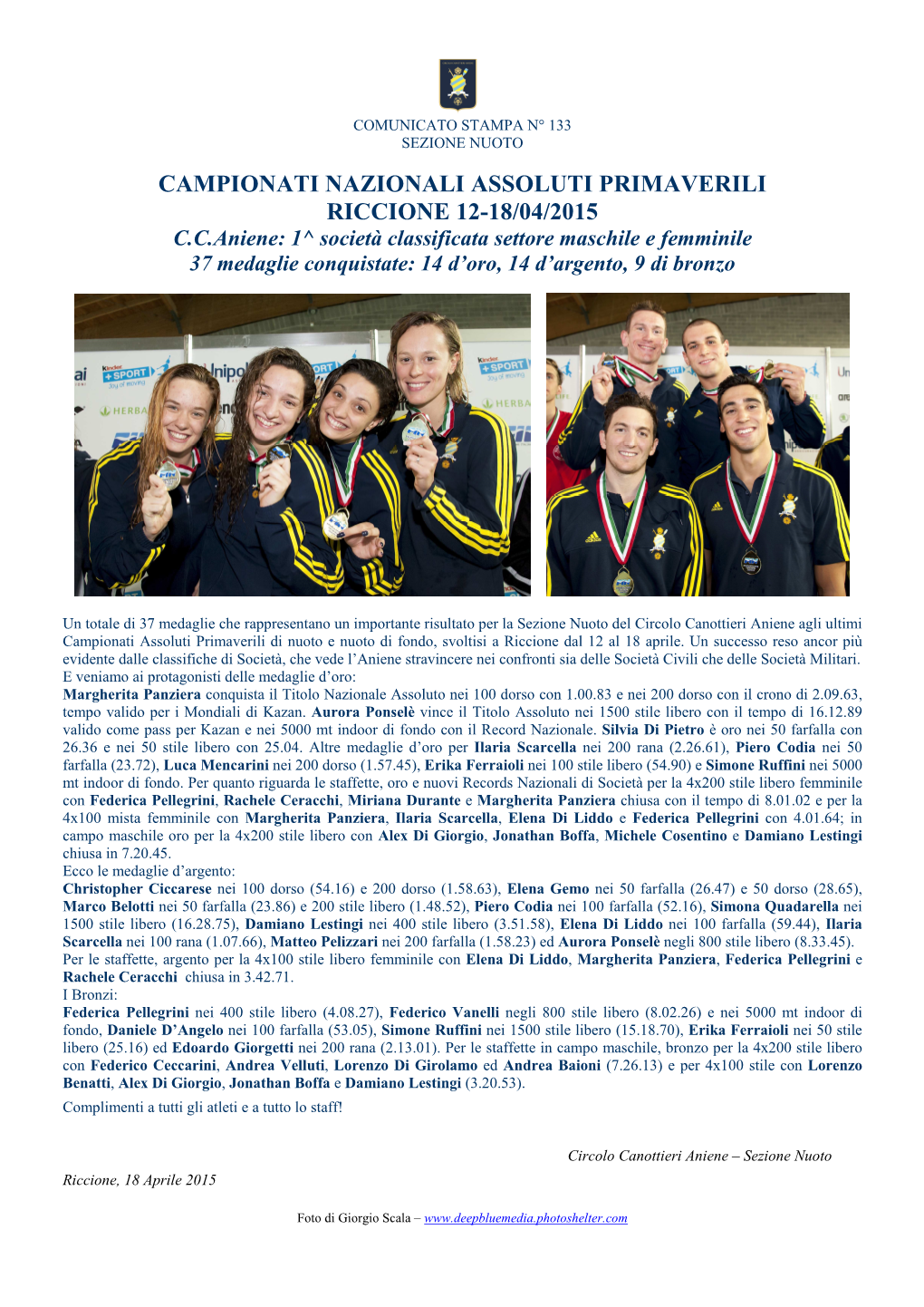 Campionati Nazionali Assoluti Primaverili Riccione 12-18/04/2015