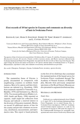First Records of 10 Bat Species in Guyana and Comments on Diversity of Bats in Iwokrama Forest
