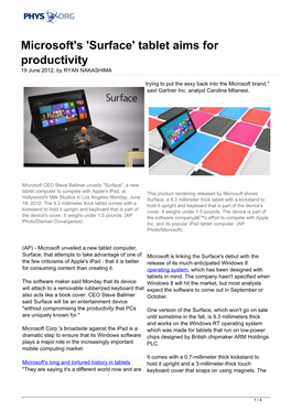 Microsoft's 'Surface' Tablet Aims for Productivity 19 June 2012, by RYAN NAKASHIMA