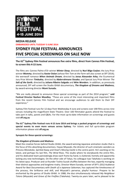 Sydney Film Festival Announces Five Special Screenings on Sale Now