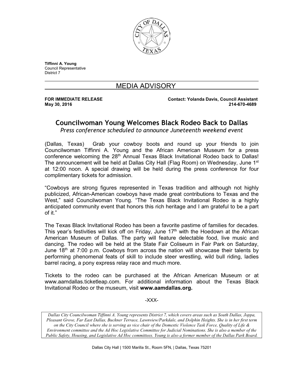 MEDIA ADVISORY Councilwoman Young Welcomes Black Rodeo