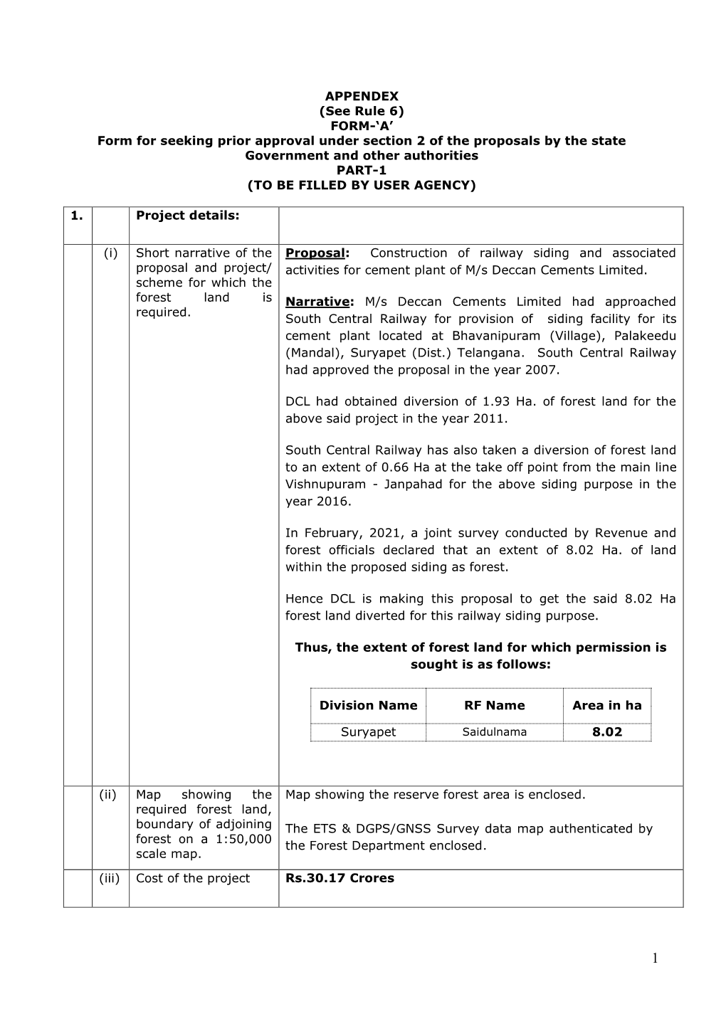 APPENDEX (See Rule 6) FORM-'A' Form for Seeking Prior Approval Under Section 2 of the Proposals by the State Government