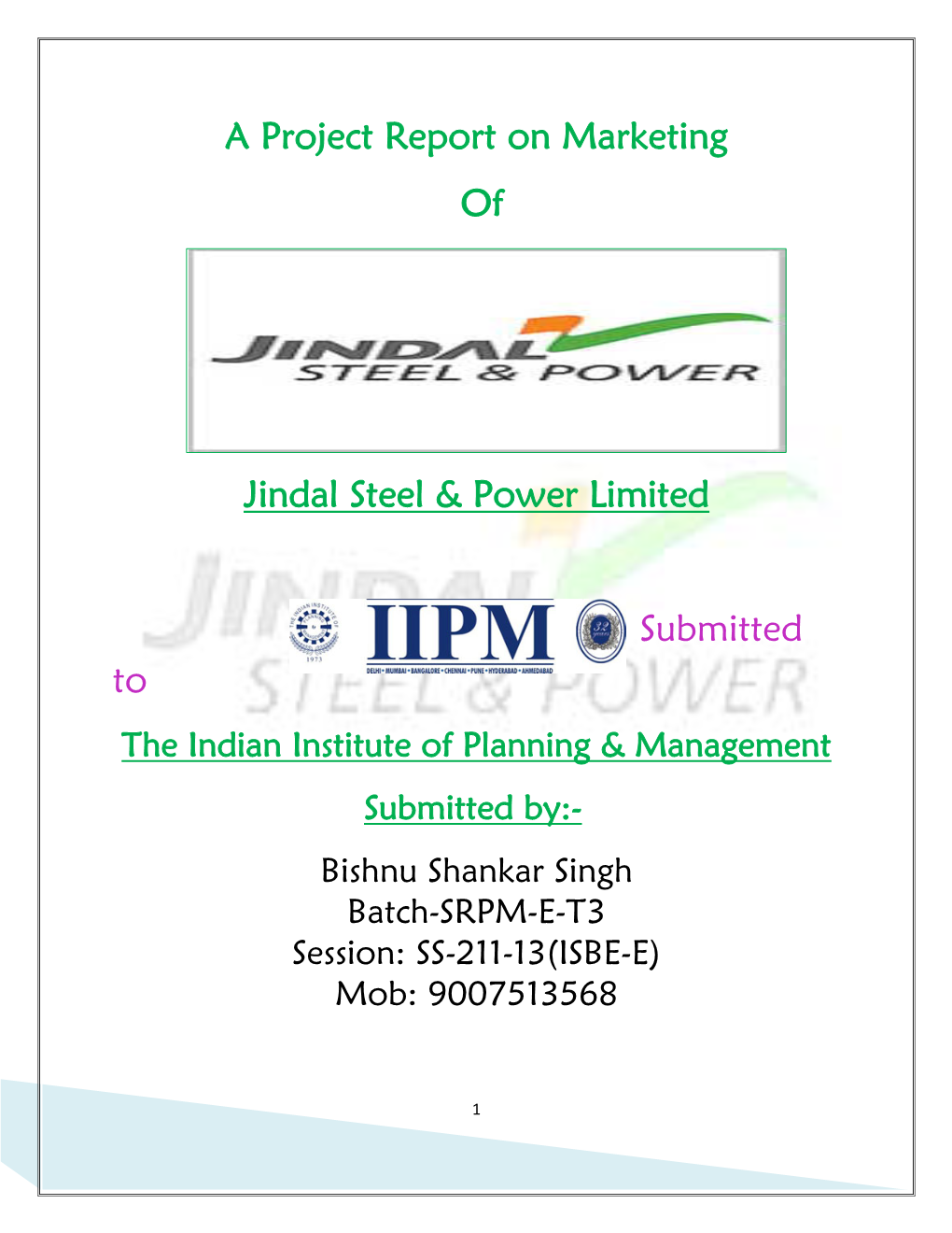 A Project Report on Marketing of Jindal Steel & Power Limited