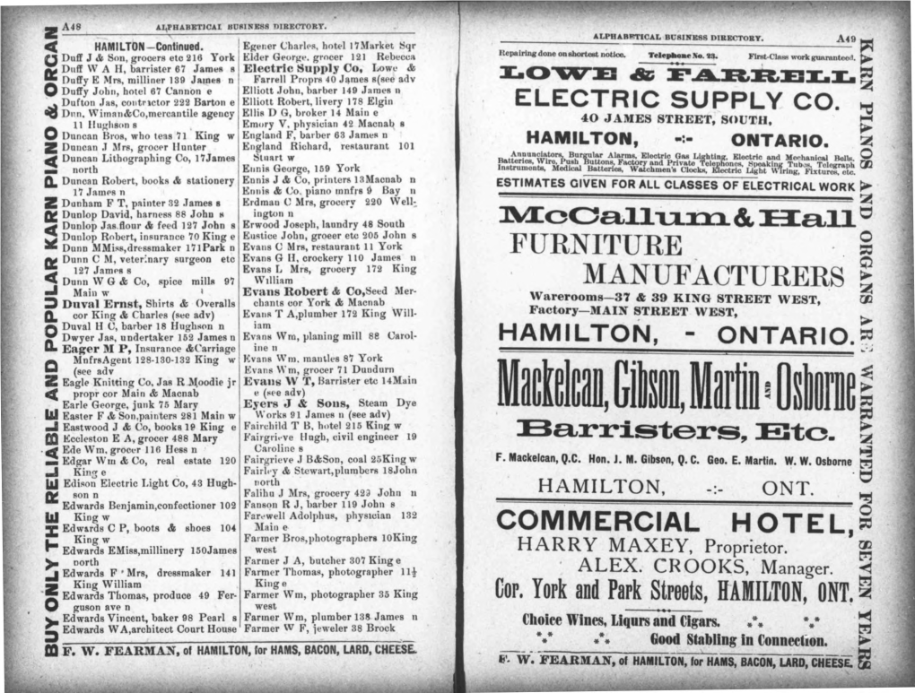 HAMILTON, Z Duncan .1 Mrs, Grocer Ilunter England Richard, Restaurant 101 �ONTARIO