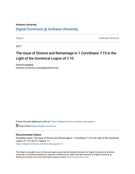 The Issue of Divorce and Remarriage in 1 Corinthians 7:15 in the Light of the Dominical Logion of 7:10