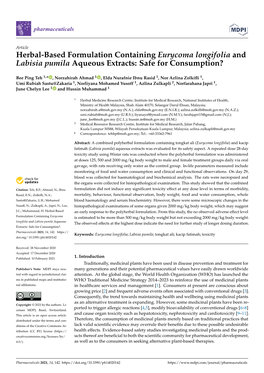 Herbal-Based Formulation Containing Eurycoma Longifolia and Labisia Pumila Aqueous Extracts: Safe for Consumption?