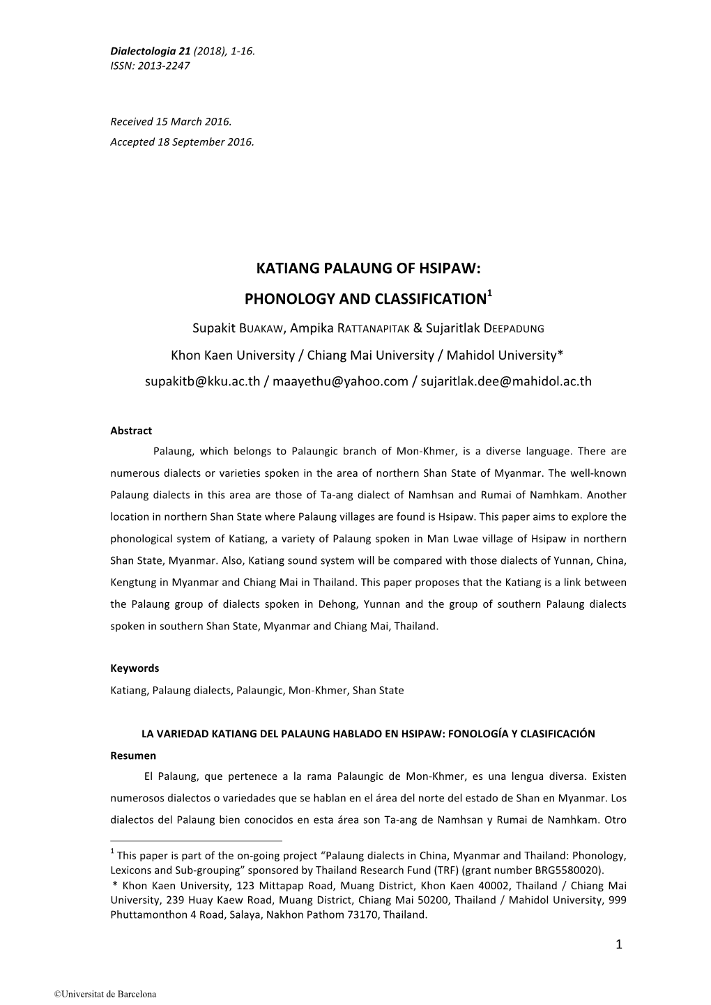 Katiang Palaung of Hsipaw: Phonology and Classification1