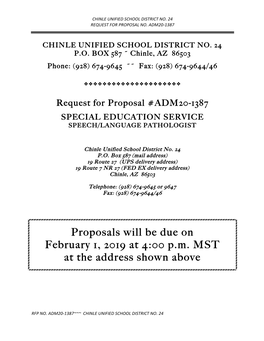 Proposals Will Be Due on February 1, 2019 at 4:00 P.M. MST at the Address Shown Above