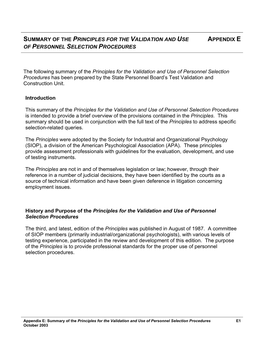 Summary of the Principles for the Validation and Use Appendix E of Personnel Selection Procedures