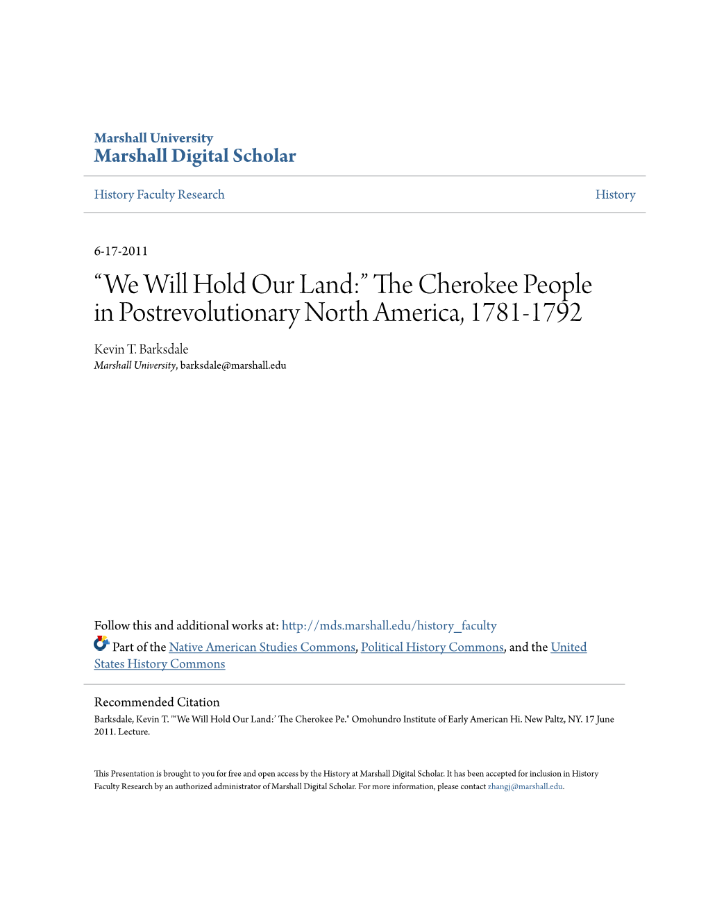 The Cherokee People in Postrevolutionary North America, 1781-1792