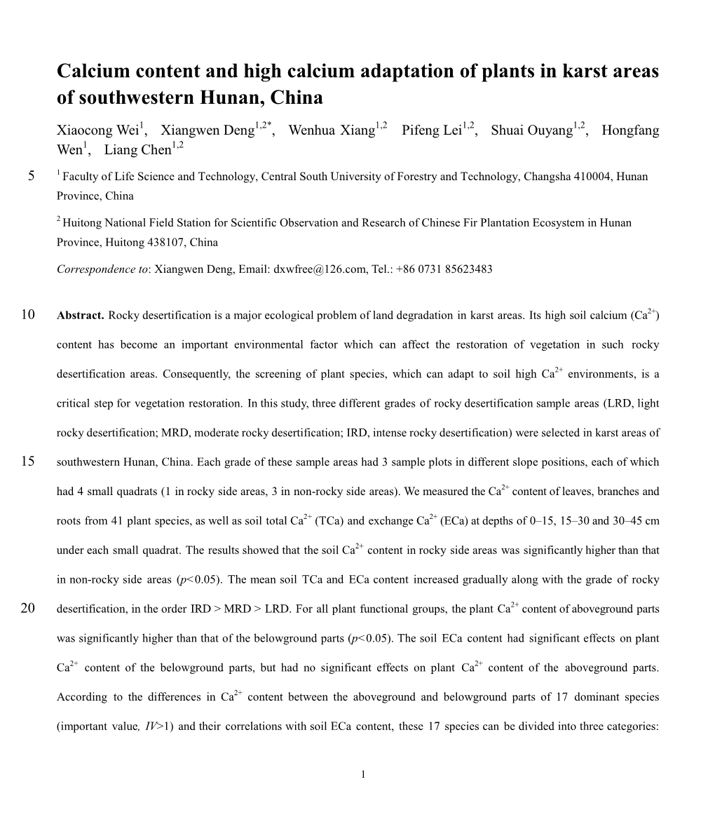 Calcium Content and High Calcium Adaptation of Plants in Karst Areas of Southwestern Hunan, China