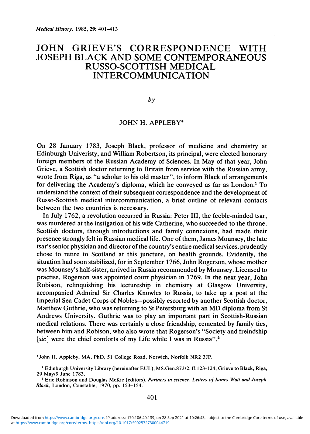 John Grieve's Correspondence with Joseph Black and Some Contemporaneous Russo-Scottish Medical Intercommunication